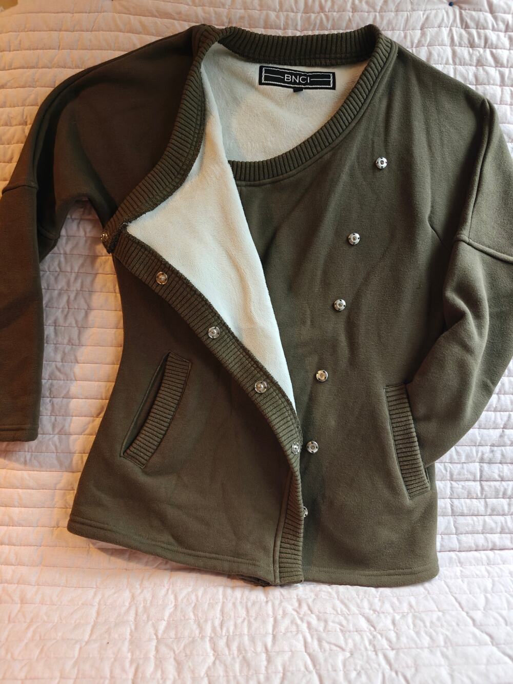 BNCI Nordstrom Olive Green Fleece Lined Snap Front Jacket Cardigan Women Small